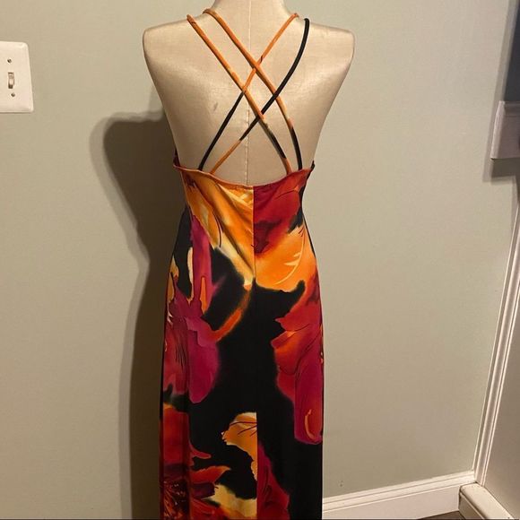 Floral Halter Maxi Dress - Black, Red, Orange-C - Picture 2 of 6